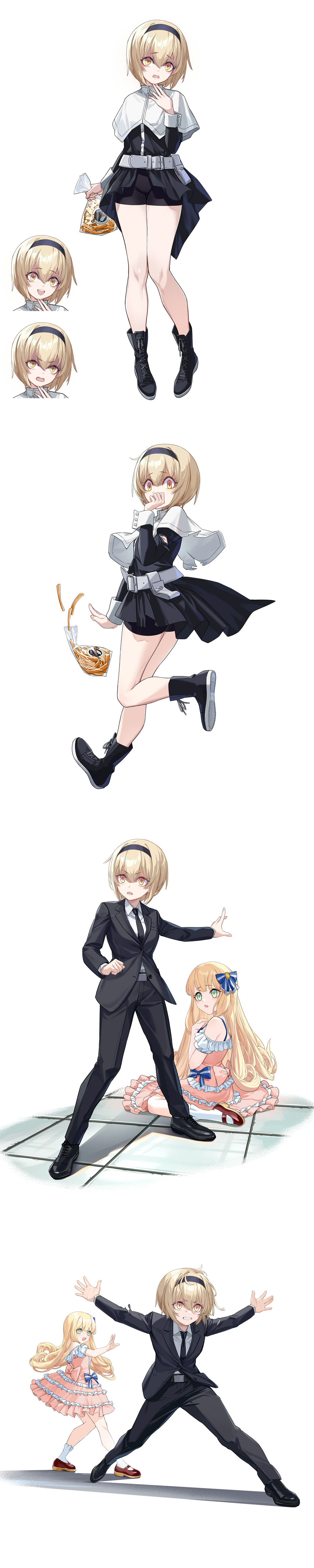 2girls absurdres bag belt black_dress black_hairband black_jacket black_necktie black_pants black_shoes blonde_hair chinese_commentary collared_shirt dress food formal_clothes french_fries frilled_dress frills girls&#039;_frontline green_eyes hairband highres jacket jashin-chan_dropkick long_image mary_janes multiple_expressions multiple_girls multiple_views necktie official_art open_mouth orange_eyes pants partially_shaded_face pekora_(jashin-chan_dropkick) pink_dress reference_sheet shirt shoe_soles shoes short_shorts shorts sneakers suit tall_image teeth white_background white_belt white_shirt yitiao_er-hua