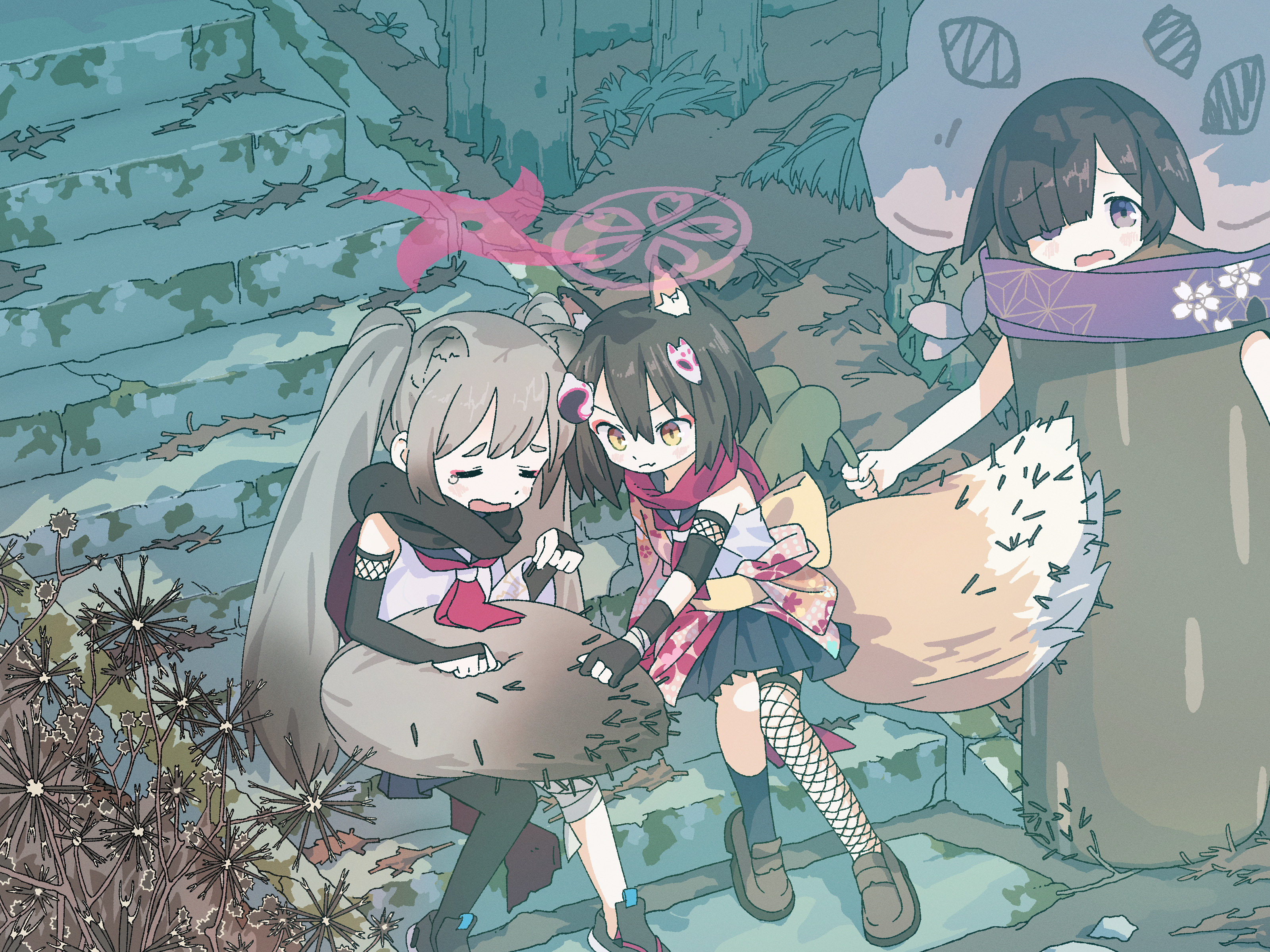 3girls absurdres animal_ear_fluff animal_ears bandaged_leg bandaged_wrist bandages black_scarf black_skirt blue_archive blush brown_hair burr closed_eyes closed_mouth crying dirt dress elbow_gloves eyeshadow fake_animal_ears fang fingerless_gloves fishnet_pantyhose fishnet_thighhighs fishnets fox_ears fox_girl fox_hair_ornament fox_mask fox_tail gloves grass grey_hair hair_between_eyes hair_ornament hair_over_one_eye halo highres holding holding_leaf izuna_(blue_archive) japanese_clothes kimono leaf loafers long_hair looking_at_viewer makeup mask michiru_(blue_archive) multiple_girls neckerchief ninja ninjutsu_research_club_(blue_archive) open_mouth outdoors panicking pantyhose partially_fingerless_gloves pink_eyeshadow pink_halo pink_neckerchief pink_scarf plant purple_eyes purple_neckerchief purple_scarf rabbit_girl raccoon_ears raccoon_girl raccoon_tail red_neckerchief red_scarf rock scarf school_uniform serafuku shimotsu. shirt shoes short_hair sidelocks single_sock single_tear sitting sitting_on_stairs skirt sneakers socks stairs stone_stairs tail tears thighhighs thorns tree tsukuyo_(blue_archive) twintails white_shirt yellow_eyes