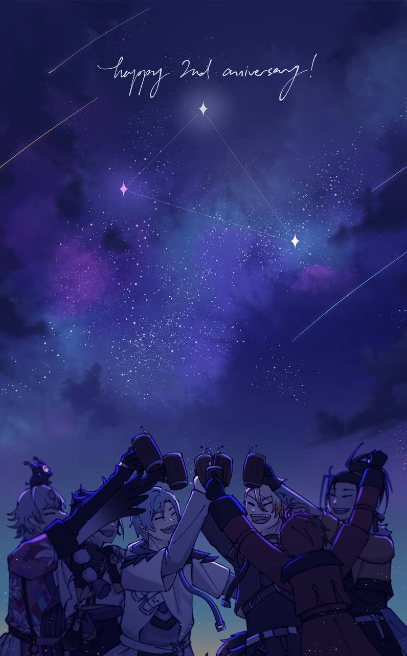 6+boys arm_up arms_up axel_syrios banzoin_hakka banzoin_hakka_(1st_costume) beer_mug black_gloves blue_hair blue_theme closed_eyes coat constellation creature creature_on_head cup drink english_text floral_print gavis_bettel gavis_bettel_(1st_costume) gloves grey_hair hair_between_eyes hanxiucao happy happy_anniversary highres holding holding_drink holostars holostars_english holotempus jacket josuiji_shinri lily_print long_sleeves machina_x_flayon machina_x_flayon_(1st_costume) male_focus medium_hair mug multicolored_coat multiple_boys night night_sky open_mouth phantom_(gavis_bettel) regis_altare shooting_star short_hair sky smile star_(sky) starry_sky tankard upper_body virtual_youtuber