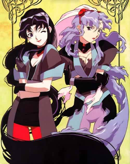 1990s_(style) 2girls black_hair blue_hair comparison dual_persona el_hazard ifurita ifurita_tv long_hair multiple_girls nakazawa_kazuto one_eye_closed pantyhose retro_artstyle scan wink yellow_background