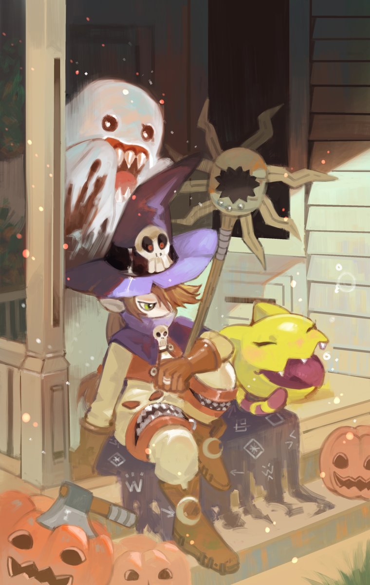 1boy bakemon blue_cape blue_hat brown_hair cape digimon digimon_(creature) full_body halloween hat holding holding_staff long_hair nyaromon sitting staff stairs time-season wizard_hat wizarmon