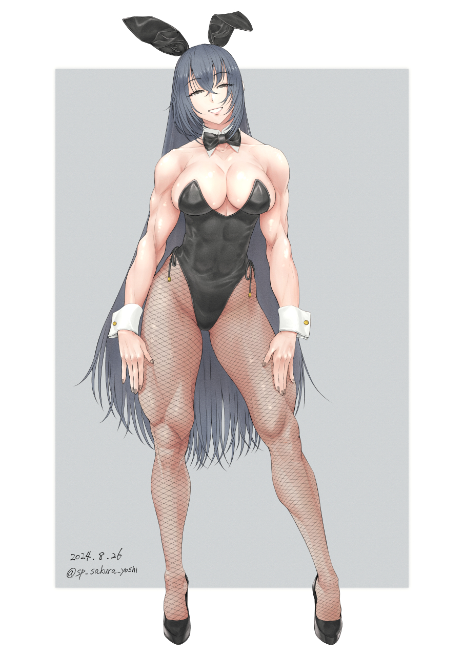 1girl alternate_costume animal_ears black_bow black_bowtie black_footwear black_hair black_hairband black_leotard bow bowtie breasts brown_eyes covered_navel detached_collar fake_animal_ears fishnet_pantyhose fishnets full_body hairband high_heels highleg highleg_leotard highres kantai_collection large_breasts leotard long_hair nagato_(kancolle) pantyhose playboy_bunny rabbit_ears side-tie_leotard smile solo standing strapless strapless_leotard traditional_bowtie very_long_hair white_wrist_cuffs wrist_cuffs yuichi_(sp_sakura_yoshi)
