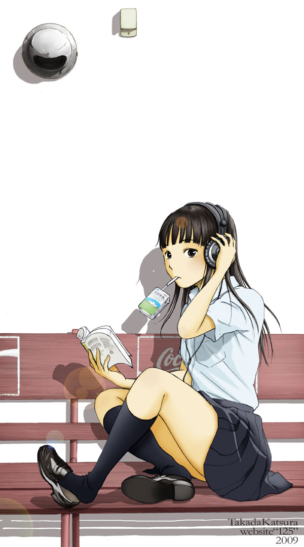 1girl bench black_hair book dorsiflexion female_focus grey_eyes headphones juice_box loafers long_hair original school_uniform shoe_dangle shoes sitting skirt socks solo takada_katsura