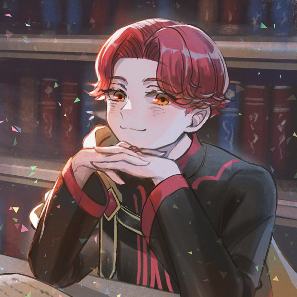 1boy book bookshelf cape hartmut_(honzuki_no_gekokujou) honzuki_no_gekokujou indoors jewelry korara0126 long_sleeves male_focus open_book orange_eyes red_hair ring school_uniform short_hair sitting smile solo table yellow_cape