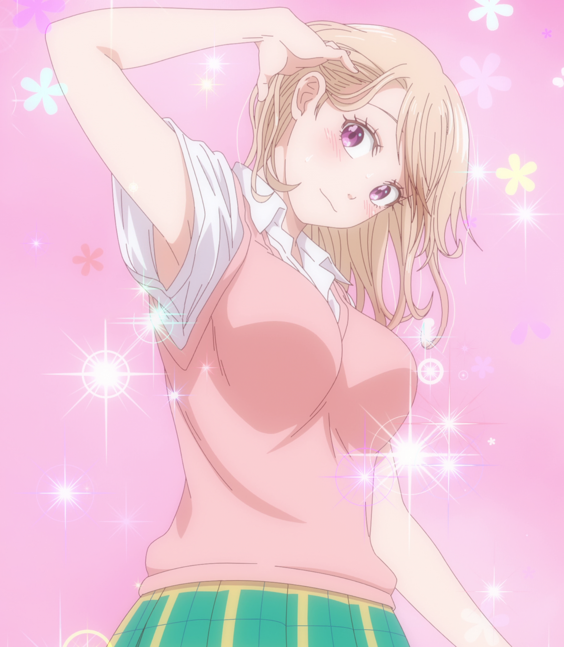 anime_screenshot arm_up armpit_peek armpits blonde_hair blush breasts cardigan green_skirt hair_behind_ear highres kawai_mona kuroiwa_medaka_ni_watashi_no_kawaii_ga_tsuujinai large_breasts miniskirt pink_cardigan plaid_clothes plaid_skirt purple_eyes school_uniform skirt sparkle stitched third-party_edit