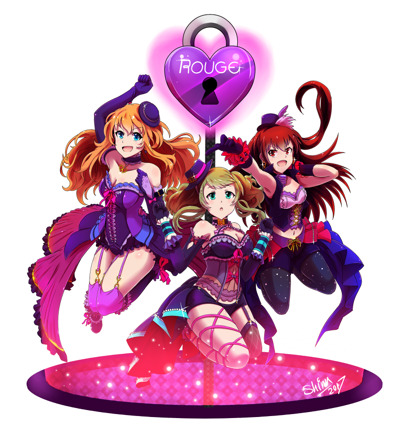 3girls amano_nozomi aze_ato battle_girl_high_school black_pantyhose blonde_hair breasts cleavage elbow_gloves full_body garter_straps gloves green_eyes hat himukai_yuri index_finger_raised lock midriff mini_hat multiple_girls navel open_mouth orange_hair padlock painttool_sai_(medium) pantyhose pink_thighhighs purple_gloves red_eyes red_hair shorts showgirl_skirt signature single_thighhigh thighhighs tokiwa_kurumi transparent_background