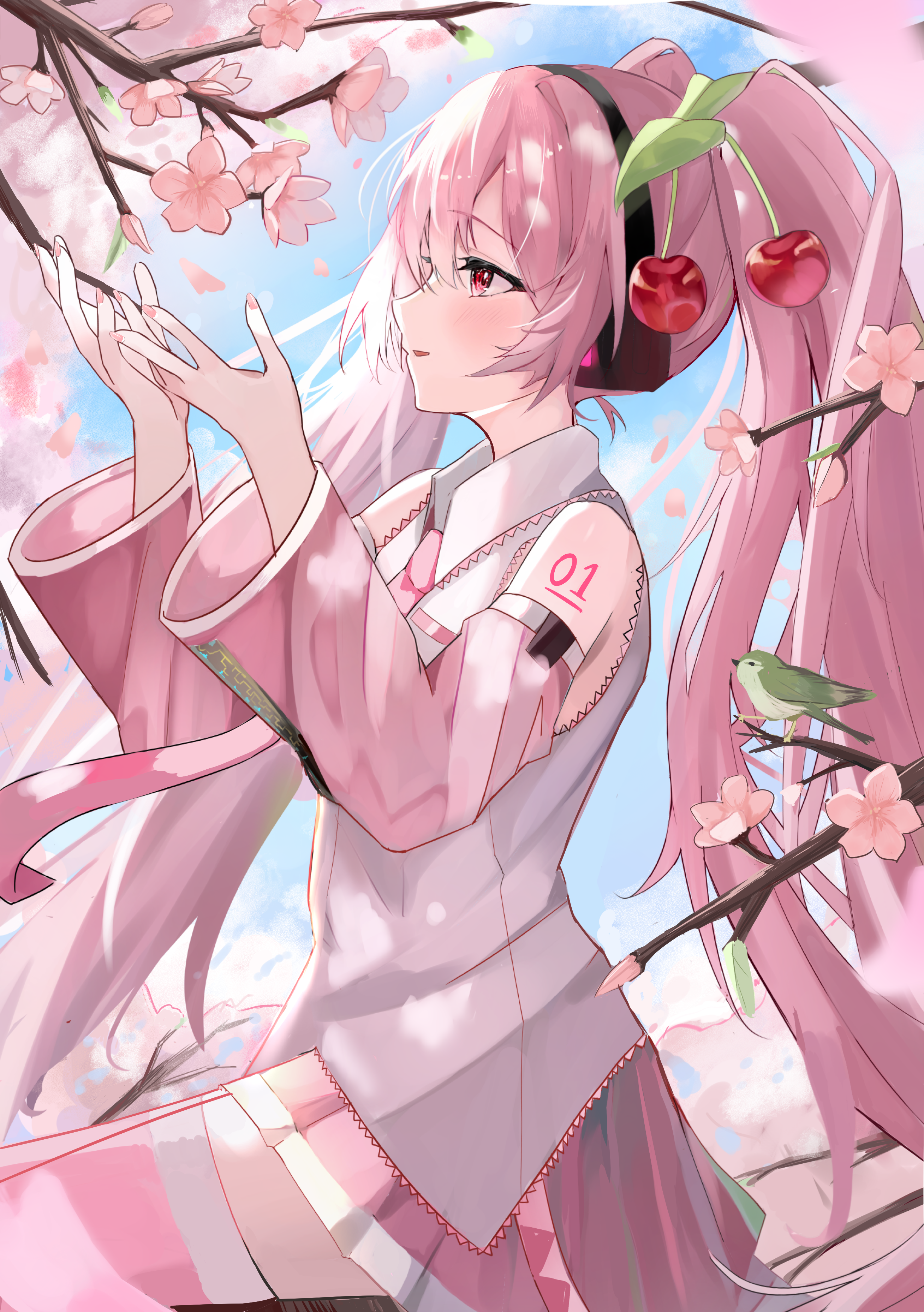 1girl absurdres arms_up bird branch cherry_blossoms cherry_hair_ornament detached_sleeves falling_petals flowle_ow0 food-themed_hair_ornament frilled_shirt frills from_side hair_ornament hatsune_miku headset highres holding holding_branch long_hair looking_ahead necktie number_tattoo outdoors parted_lips petals pink_hair pink_nails pink_necktie pink_skirt pink_sleeves pink_thighhighs red_eyes sakura_miku shirt sidelocks sitting skirt sleeveless sleeveless_shirt smile solo tattoo thighhighs twintails very_long_hair vocaloid white_shirt zettai_ryouiki