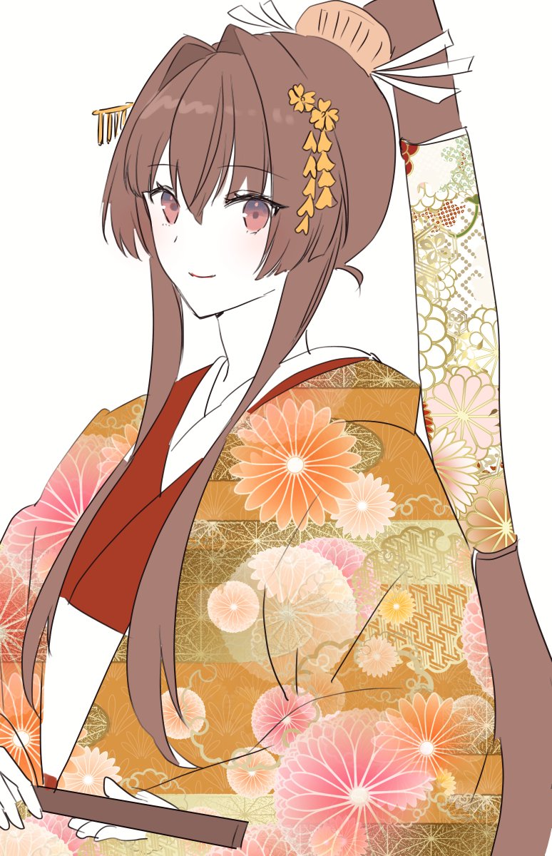 1girl alternate_costume blush brown_eyes brown_hair closed_mouth commentary_request floral_print hair_between_eyes hair_intakes hair_ribbon hair_tubes highres holding japanese_clothes kantai_collection kasumi_(skchkko) kimono long_hair looking_at_viewer ponytail ribbon sidelocks simple_background single_hair_tube solo very_long_hair white_background white_ribbon yamato_(kancolle)