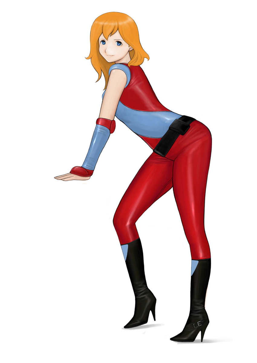 1girl blonde_hair blue_eyes boots breasts closed_mouth female_focus high_heel_boots high_heels highres houquet_et_rose kikou_souseiki_mospeada komii long_hair looking_at_viewer retro_artstyle simple_background smile solo white_background