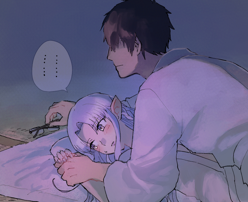 ... 1boy 1girl bad_id bad_pixiv_id couple doshiko fate/stay_night fate_(series) glasses hair_intakes japanese_clothes kimono kuzuki_souichirou long_hair medea_(caster)_(fate) medea_(fate) pointy_ears purple_hair sketch speech_bubble straight_hair sweatdrop white_kimono