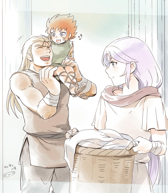 3boys ^_^ alternate_costume androgynous aries_muu armlet basket brown_hair casual child closed_eyes green_eyes holding holding_basket jewelry kiki_(saint_seiya) laundry laundry_basket long_hair looking_at_another looking_to_the_side male_focus mizuhara_aki multiple_boys muscular muscular_male official_alternate_costume open_mouth profile purple_eyes purple_hair saint_seiya sandals short_hair sitting_on_shoulder sleeveless smile solo_focus spiked_hair taurus_aldebaran thick_eyebrows wrist_wrap