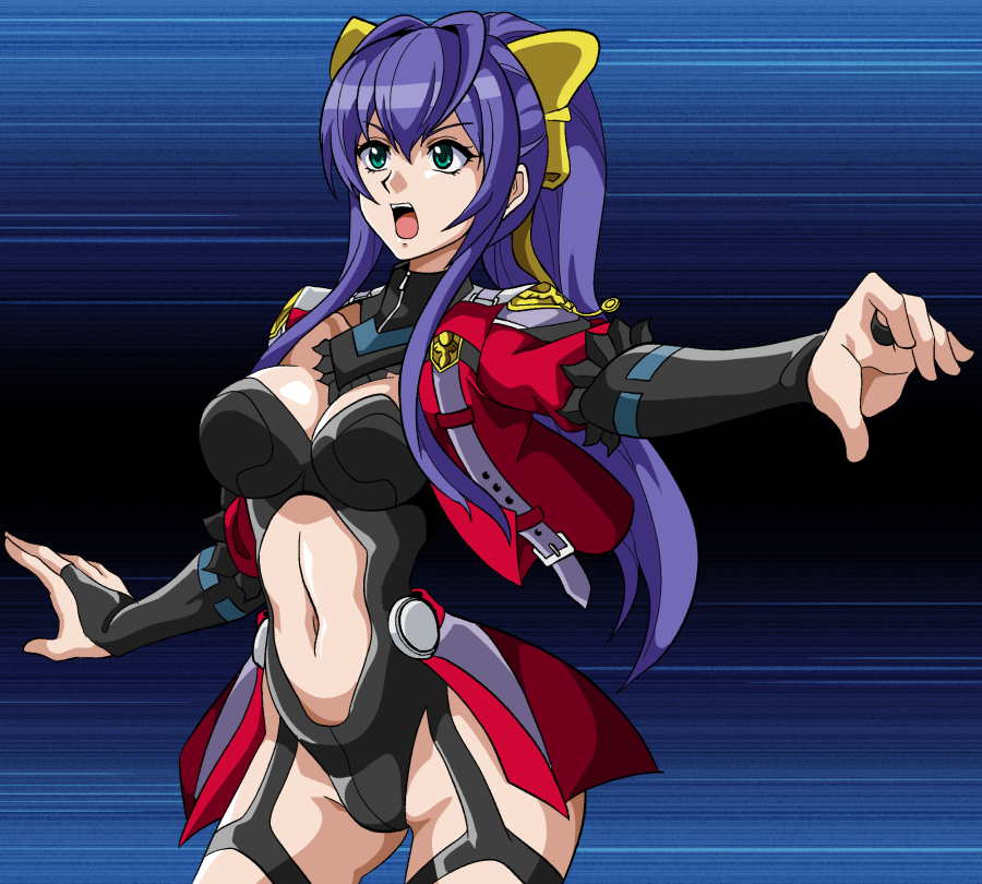 1girl aqua_centolm aqua_centolm_(cosplay) blazblue bow cosplay cowboy_shot female_focus green_eyes gv_(user_agds3755) hair_bow mai_natsume navel open_mouth ponytail solo super_robot_wars