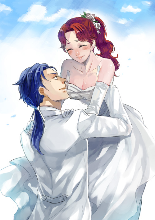 1boy 1girl ahiru1126 bare_shoulders blue_hair closed_eyes couple dress formal_clothes gloves gradient_background hetero hokuto_no_ken lifting_person long_hair mamiya_(hokuto_no_ken) ponytail red_hair rei_(hokuto_no_ken) smile suit white_dress white_gloves