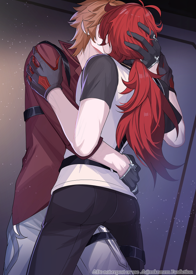 2boys black_gloves black_pants black_shirt diluc_(genshin_impact) genshin_impact gloves grey_shirt hiki_yuichi hug kiss long_hair long_sleeves male_focus multiple_boys orange_hair pants ponytail red_hair red_shirt shirt short_hair tartaglia_(genshin_impact) white_shirt yaoi