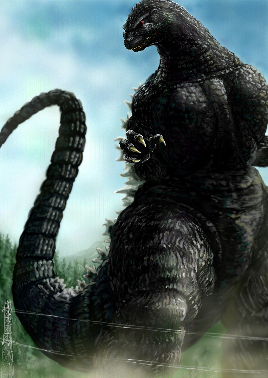 blue_sky claws cloud day dinosaur dust ears forest giant giant_monster godzilla godzilla_(series) godzilla_vs._king_ghidorah highres kaiju monster nature no_humans orange_eyes power_lines sharp_teeth sky spikes suttoko tail teeth toho transmission_tower tree
