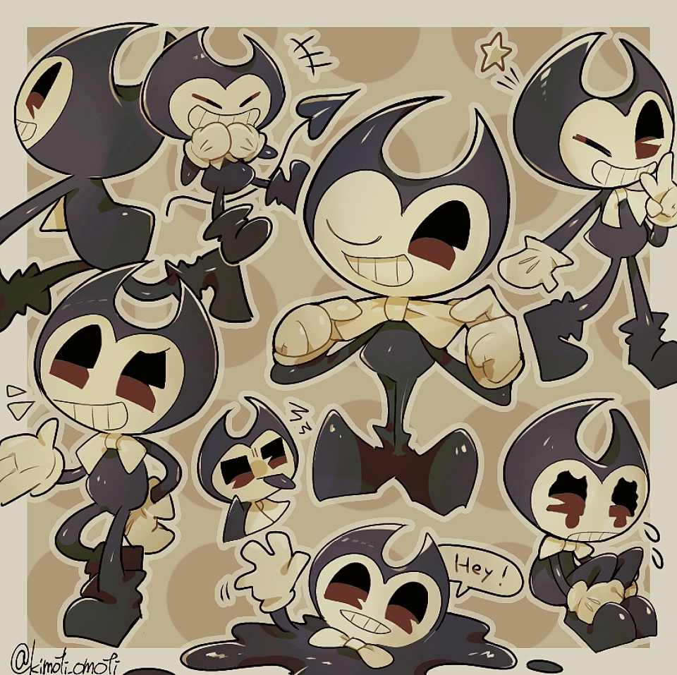 +++ 1boy :p adjusting_bowtie bendy bendy_and_the_ink_machine black_footwear black_tongue border bow bowtie brown_background brown_eyes closed_eyes closed_mouth commentary_request crying crying_with_eyes_open demon_boy demon_tail english_text flying_sweatdrops full_body gloves grey_border grey_outline grin hand_on_own_hip ink kimoti_omoti knees_up male_focus multiple_views one_eye_closed outline outside_border pac-man_eyes simple_background sitting smile speech_bubble squiggle standing star_(symbol) tail tears tongue tongue_out twitter_username uneven_eyes waving white_bow white_bowtie white_gloves