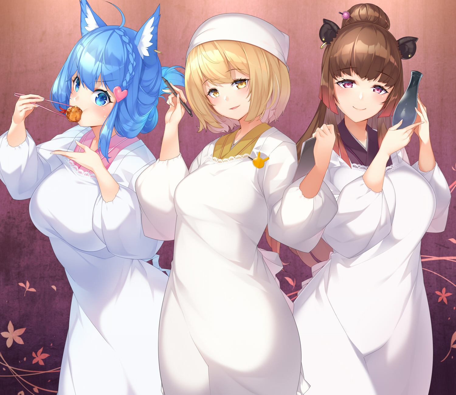 3girls ahoge alcohol animal_ear_fluff animal_ears animare apron black_kimono blonde_hair blue_eyes blue_hair blush braid breasts brown_hair brown_kimono chopsticks clipboard closed_mouth ear_piercing eating food hair_between_eyes hair_bun hair_ornament hairpin headscarf heart heart_hair_ornament highres holding holding_chopsticks holding_pencil inaba_haneru_(animare) japanese_clothes kappougi kimono kokka_han large_breasts long_hair looking_at_viewer mature_female medium_breasts multiple_girls nanashi_inc. parted_lips pencil piercing pink_kimono red_eyes sake single_hair_bun smile souya_ichika tokkuri v-shaped_eyebrows very_long_hair virtual_youtuber white_headscarf white_headwear yellow_eyes yunohara_izumi