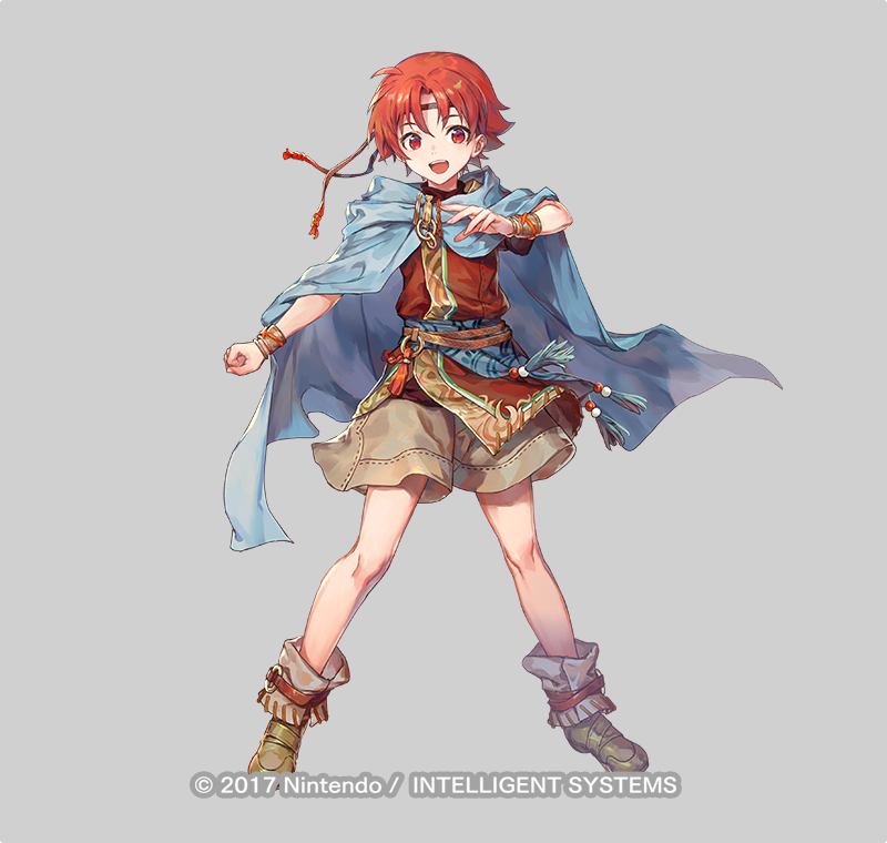 1boy azu-taro belt boots bracelet cape circlet copyright_notice ewan_(fire_emblem) fire_emblem fire_emblem:_the_sacred_stones fire_emblem_heroes full_body grey_background jewelry male_focus nintendo official_art open_mouth red_eyes red_hair solo teeth