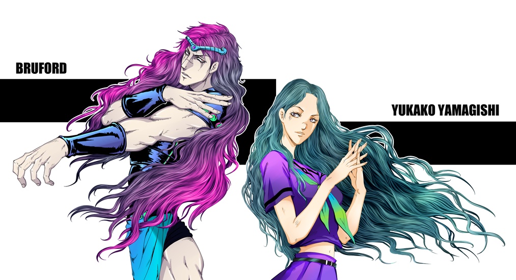 1boy 1girl armor back-to-back bad_id bad_pixiv_id belt blue_hair bruford diamond_is_not_crash jojo_no_kimyou_na_bouken long_hair midriff navel phantom_blood pink_eyes prehensile_hair school_uniform serafuku shiemasu skirt suma trait_connection very_long_hair wristband yamagishi_yukako zombie