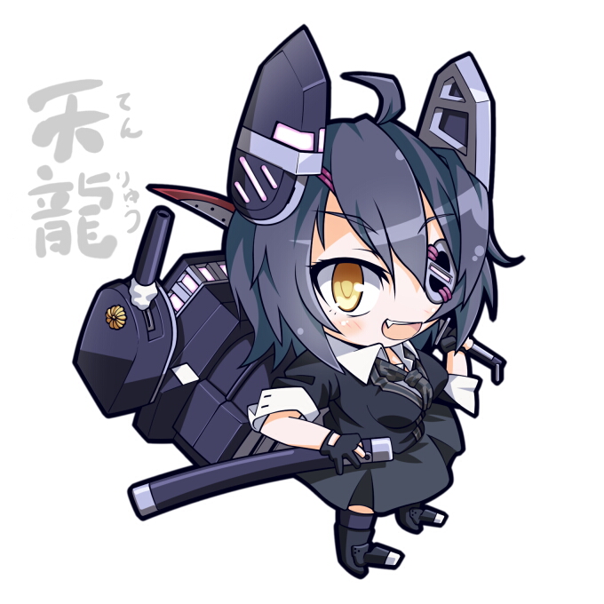 10s 1girl brown_eyes chibi eyepatch female_focus headgear kantai_collection long_hair looking_at_viewer personification pleated_skirt purple_hair short_hair skirt solo take_tonbo tenryuu_(kancolle)