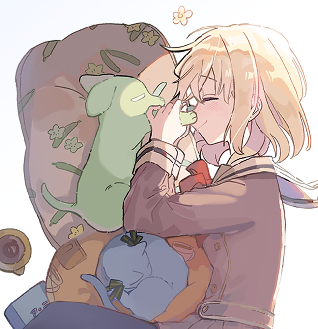 1girl animalization bang_dream! bang_dream!_it&#039;s_mygo!!!!! blonde_hair book brown_dress cat closed_eyes closed_mouth coffee_cup_print commentary dog dress facing_animal flower from_side green_ribbon hanasakigawa_school_uniform hands_up long_sleeves medium_hair misumi_uika neck_ribbon pillow print_pillow profile red_ribbon ribbon sailor_dress school_uniform shiny_sung short_hair simple_background smile togawa_sakiko vegetable_print wakaba_mutsumi white_background winter_uniform