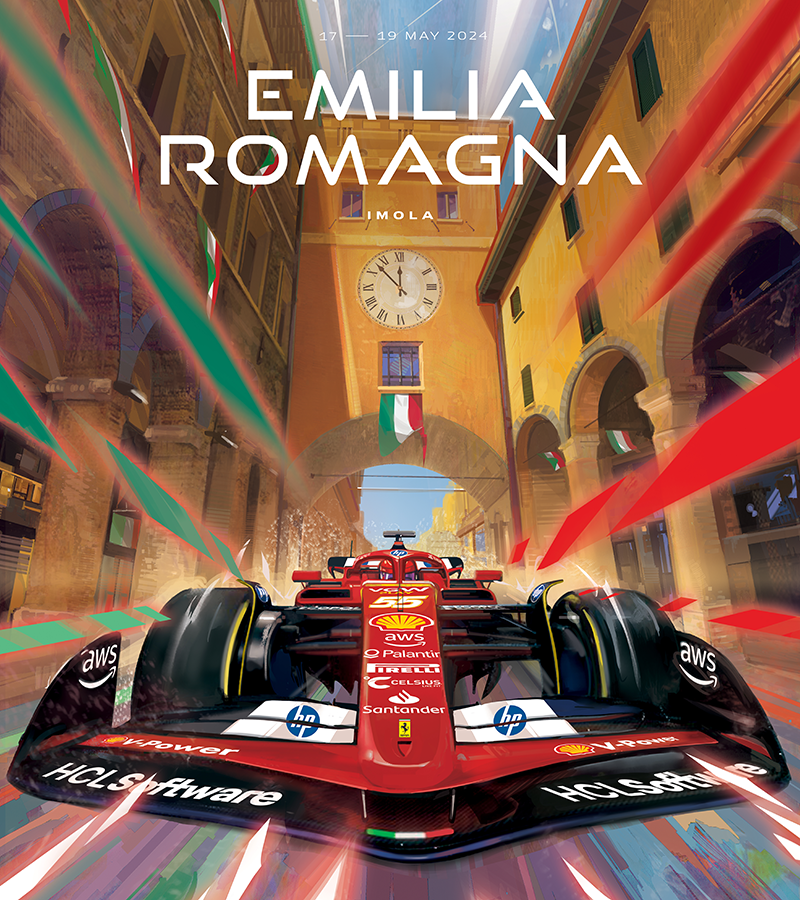 amazon_(company) car carlos_sainz driving ferrari ferrari_sf-24 helmet italian_flag mirco_pierfederici motion_blur official_art pirelli promotional_art real_life red_car red_helmet road shell_(company) solo spoiler_(automobile) sponsor street vehicle_focus