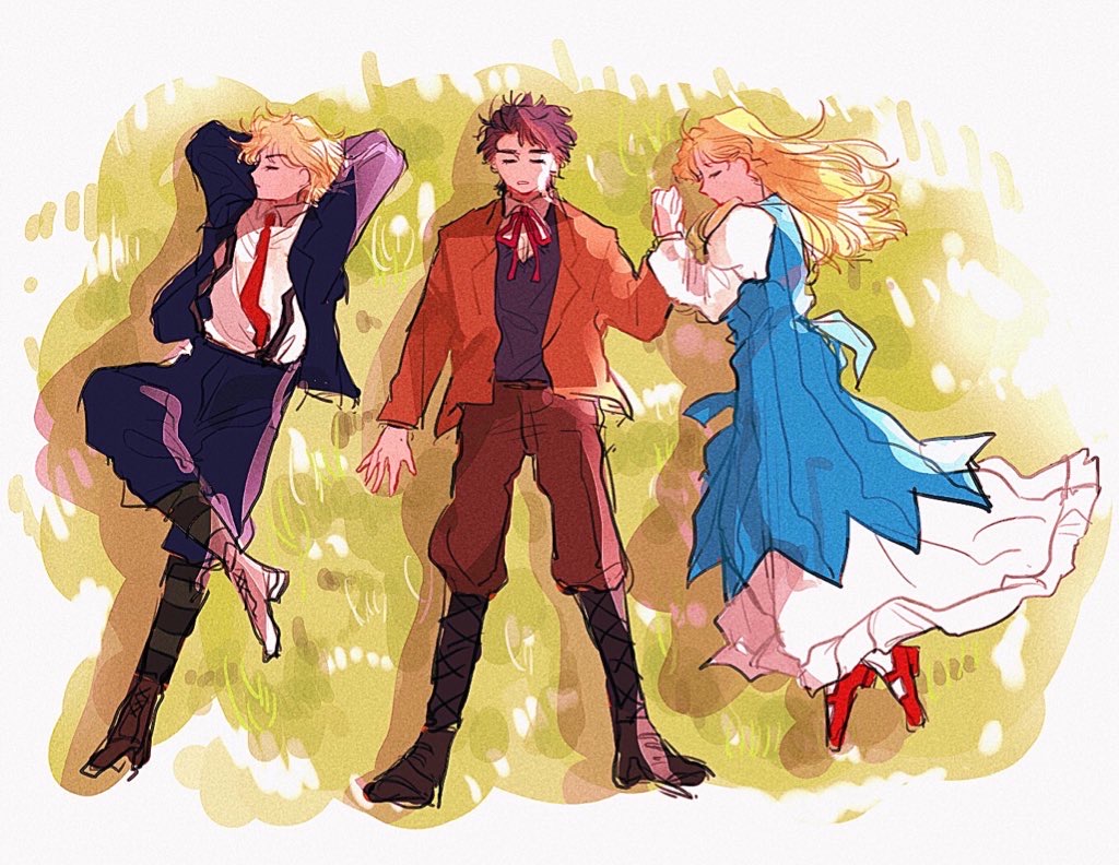 1girl 2boys arms_behind_head black_hair blonde_hair blue_dress blue_jacket blue_pants blue_sweater_vest boots brown_pants brown_shoes closed_eyes collared_shirt dio_brando dress erina_pendleton from_above fuha_(azukiba_9) full_body grass green_socks holding_hands jacket jojo_no_kimyou_na_bouken jonathan_joestar lace-up_boots long_dress long_hair long_sleeves lying mary_janes multiple_boys neck_ribbon necktie on_back on_grass on_side open_clothes open_jacket orange_jacket pants phantom_blood red_necktie red_ribbon red_shoes ribbon shirt shoes short_hair sleeping socks striped_clothes striped_socks sweater_vest white_shirt white_socks wing_collar