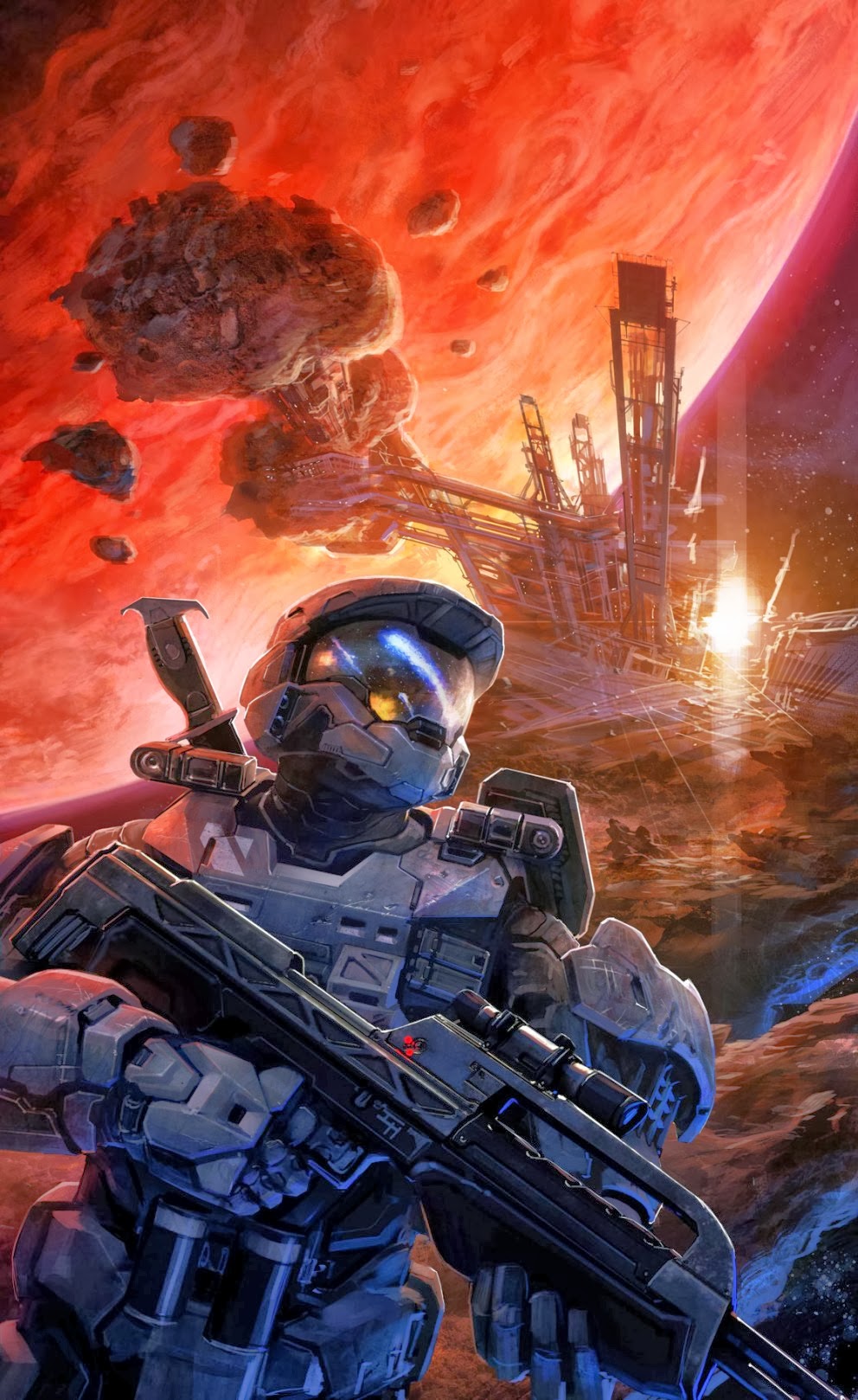 1boy armor assault_visor asteroid battle_rifle br55 bullpup cover grey_armor gun halo_(series) helmet highres holding holding_gun holding_weapon isaac_hannaford jai-006 knife lens_flare official_art planet power_armor rifle scope solo space space_station spartan_(halo) weapon
