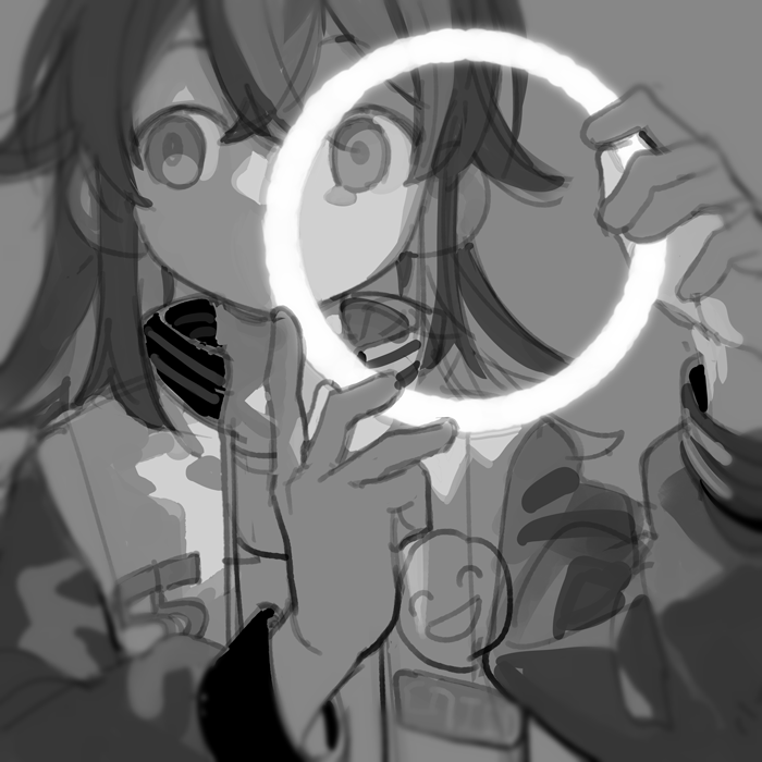 1girl commentary_request d.y.x. flipped_hair glowing glowing_halo greyscale halo halo_removed hands_up high_collar holding_halo idolmaster idolmaster_shiny_colors jacket komiya_kaho letterman_jacket light long_hair long_sleeves looking_to_the_side monochrome no_mouth open_clothes open_jacket sideways_glance simple_background sketch smiley_face solo straight-on traditional_halo upper_body