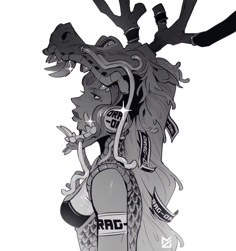 1girl armband breasts chinese_zodiac commentary dark-skinned_female dark_skin dragon_horns dragon_mask fake_horns from_side glint half-closed_eyes horns lips max_grecke medium_breasts mole mole_under_eye original solo thick_eyebrows watermark year_of_the_dragon