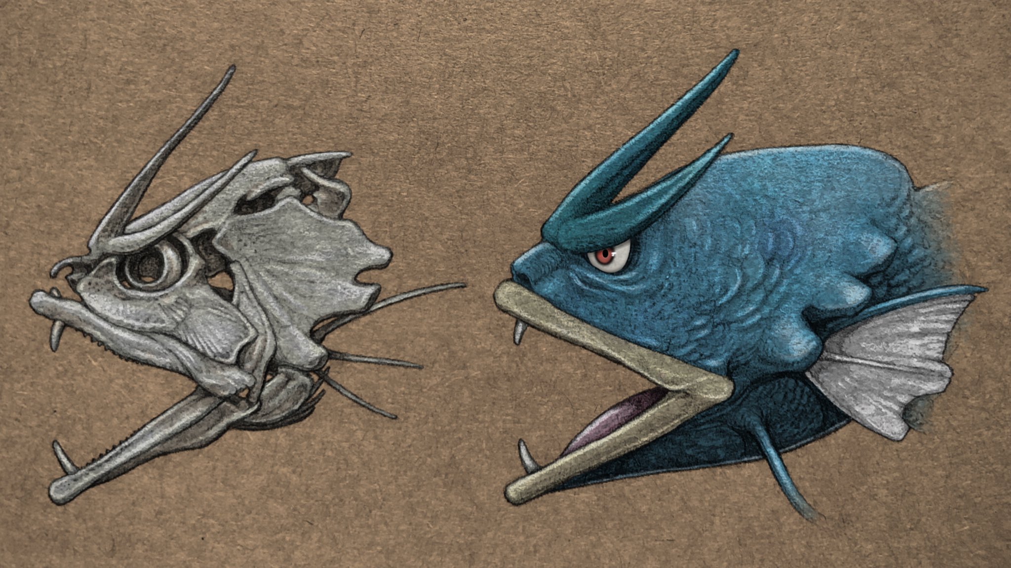 brown_background cropped_head fangs fins from_side gen_1_pokemon gyarados highres multiple_views nao70shark1 nintendo no_humans open_mouth pokemon pokemon_(creature) profile red_eyes sharp_teeth simple_background skeleton teeth