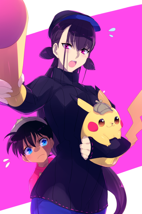1girl beret black_hat black_sweater blue_eyes blue_pants blush breasts brown_hair brown_hat clothed_pokemon cone_hair_bun deerstalker denim detective detective_pikachu_(character) detective_pikachu_(game) detective_pikachu_(series) double_bun echo_(circa) edogawa_conan fate/grand_order fate_(series) flying_sweatdrops gen_1_pokemon hair_bun hair_ornament hat jeans large_breasts long_hair long_sleeves looking_at_viewer meitantei_conan murasaki_shikibu_(fate) nintendo open_mouth pants pikachu pokemon pokemon_(creature) purple_eyes purple_hair ribbed_sweater short_hair sweater turtleneck turtleneck_sweater very_long_hair