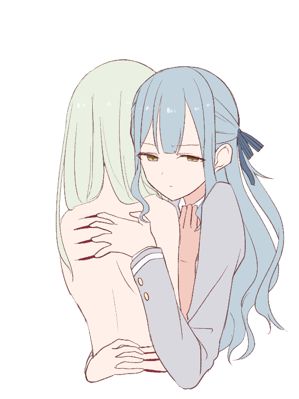 2girls bang_dream! bang_dream!_it&#039;s_mygo!!!!! blue_hair closed_mouth clothed_female_nude_female commentary green_hair grey_jacket gumoyu hands_on_another&#039;s_back haneoka_school_uniform injury jacket long_hair multiple_girls nude school_uniform scratching_back simple_background togawa_sakiko upper_body wakaba_mutsumi white_background yellow_eyes yuri