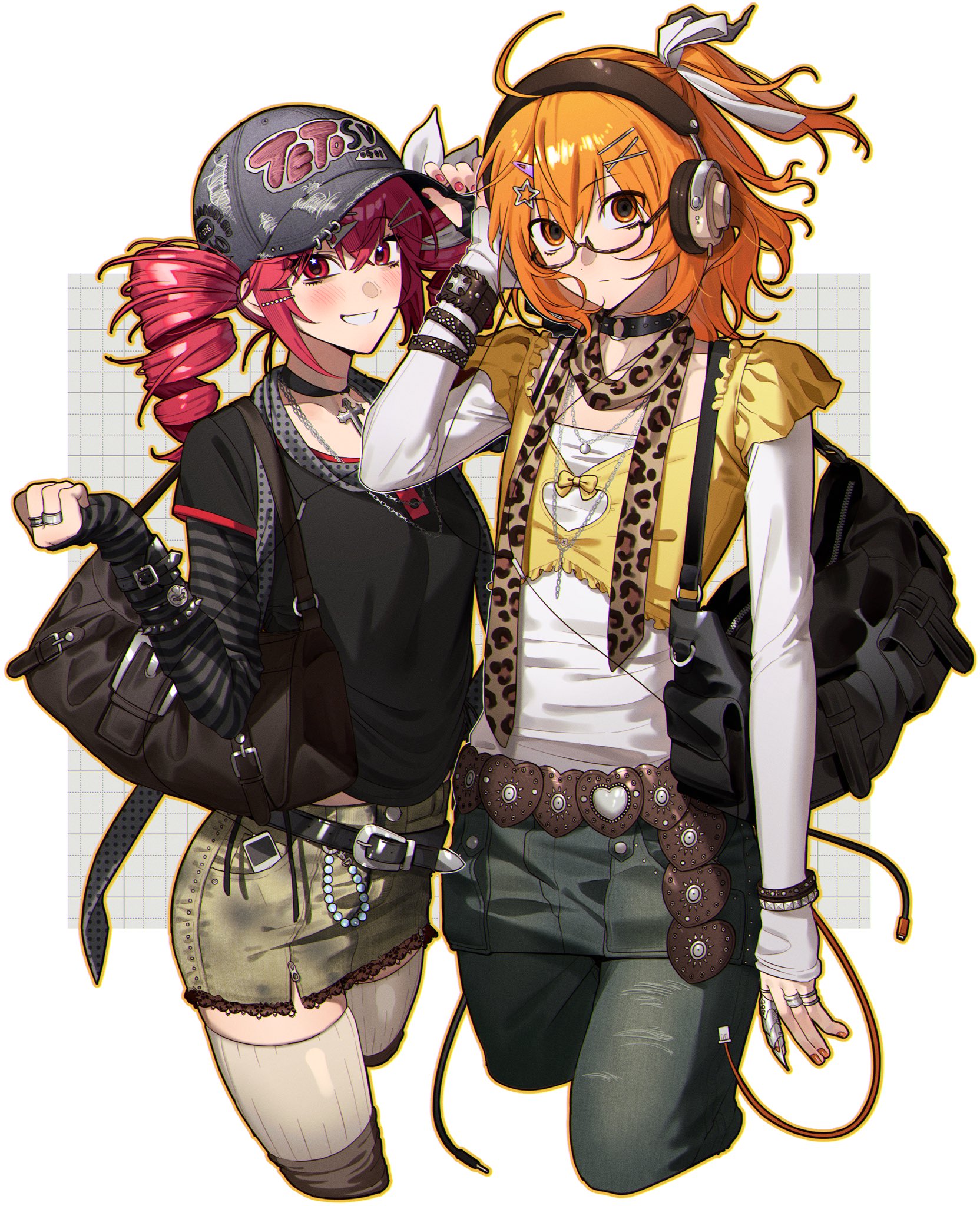 2girls a.i._voice adachi_rei adjusting_clothes adjusting_headwear ahoge alternate_costume animal_print arm_warmers bag baseball_cap belt black_arm_warmers black_bag black_belt black_collar black_shirt blush bow bracelet breasts cable cellphone claw_ring clenched_hand closed_mouth collar collarbone compression_sleeve cowboy_shot cropped_legs cropped_shirt cross cross_necklace denim denim_skirt double-parted_bangs drill_hair expressionless fingernails flat_chest floating_hair glasses grey_armor grey_background grey_pants grin hair_bow hair_ornament hair_ribbon hairclip hand_up hashtag hat headphones highres jeans jewelry kasane_teto kasane_teto_(sv) leopard_print looking_at_viewer medium_breasts miniskirt mqiii9 multiple_girls necklace orange_eyes orange_hair pants phone red_eyes red_nails ribbed_thighhighs ribbon ring shirt short_sleeves shoulder_bag side_ponytail skirt sleeves_past_wrists smile star_(symbol) star_hair_ornament star_in_eye stole striped_arm_warmers symbol_in_eye synthesizer_v thighhighs torn_clothes torn_hat torn_jeans torn_pants twin_drills utau white_background white_bow white_ribbon white_thighhighs white_undershirt yellow_shirt yellow_stole