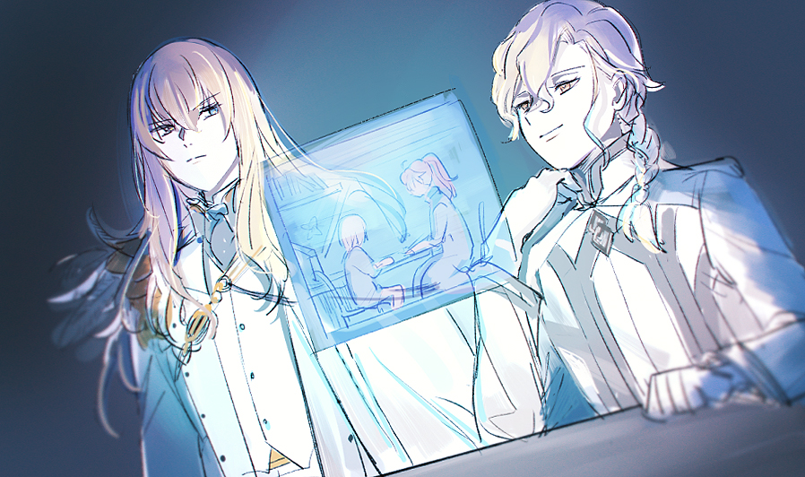 1girl 3boys aki_(neyuki41028) ascot blonde_hair blue_eyes blurry braid braided_ponytail cape chaldea_logo chaldea_uniform closed_mouth coat depth_of_field desk dutch_angle elbow_rest fate/grand_order fate_(series) feathers formal_clothes gold_trim hair_between_eyes hair_over_shoulder head_rest hologram jacket kirschtaria_wodime lab_coat long_hair long_sleeves looking_at_another looking_at_screen male_focus marisbury_animusphere mash_kyrielight multiple_boys open_clothes open_jacket orange_hair parted_bangs ponytail purple_hair romani_archaman short_hair side-by-side side_cape sitting smile standing suit vest white_cape white_coat white_feathers white_hair white_jacket white_suit white_vest yellow_eyes