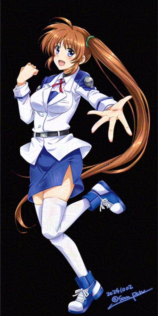 1girl blue_eyes blush breasts brown_hair dark_background long_hair looking_at_viewer lyrical_nanoha medium_breasts open_mouth reaching reaching_towards_viewer san-pon shoes side_ponytail simple_background solo standing standing_on_one_leg takamachi_nanoha thighhighs