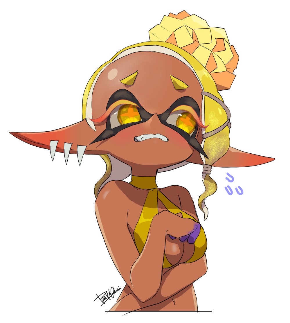 blonde_hair breasts colored_extremities colored_eyelashes cropped_torso dark-skinned_female dark_skin earrings fangs frye_(splatoon) inkling isamu-ki_(yuuki) jewelry navel nintendo pointy_ears short_eyebrows simple_background splatoon_(series) splatoon_3 tentacle_hair white_background yellow_eyes