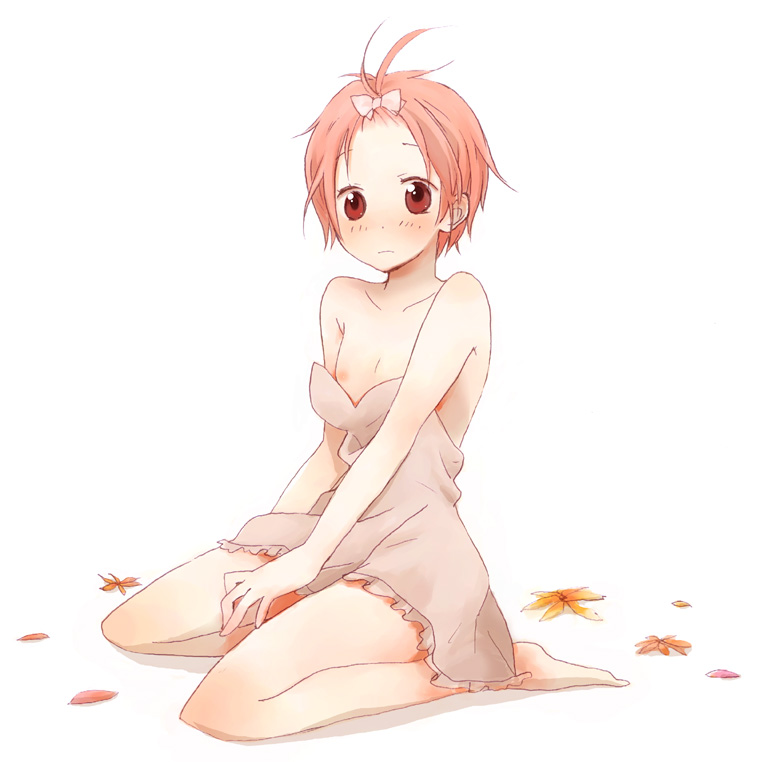 00s 1girl bare_shoulders blush breasts dress female_focus flat_chest hair_ribbon kneeling kuzuryuu_momoko nipple_slip nipples pink_hair ribbon saya_(artist) saya_(sayaz) short_hair simple_background solo strapless strapless_dress sumomomo_momomo