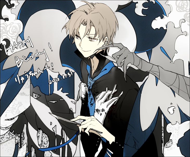 1boy abstract_background ahoge black_shirt blue_background blue_necktie blue_ribbon brown_eyes brown_hair buttons closed_mouth collared_shirt colorful_background disembodied_hand ear_piercing earrings fate/zero fate_(series) gilles_de_rais_(caster)_(fate) gilles_de_rais_(fate) grey_background hand_on_another&#039;s_cheek hand_on_another&#039;s_chest hand_on_another&#039;s_face happy_birthday high_collar holding holding_knife hoop_earrings jewelry knife long_sleeves looking_ahead necktie parted_bangs piercing ribbon shirt short_hair silhouette smile solo_focus suou_(sdurorhr) upper_body uryuu_ryuunosuke white_background