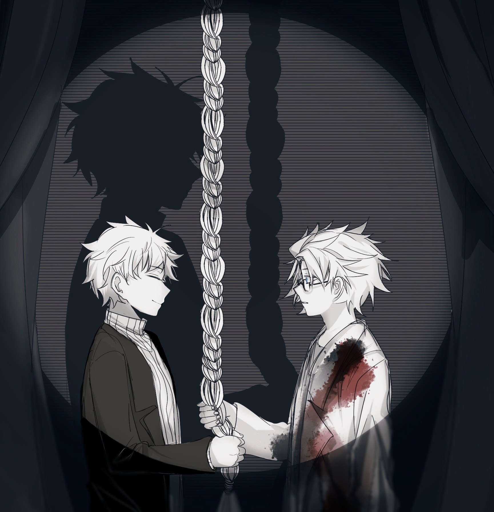 2boys atou_haruki blood blood_on_clothes blue_eyes chinese_commentary closed_eyes closed_mouth commentary_request curtains from_side glass greyscale highres jacket kanou_aogu lemijiang long_sleeves male_focus monochrome multiple_boys no_shadow open_clothes open_jacket ribbed_sweater rope saibou_shinkyoku short_hair smile spot_color spotlight sweater turtleneck turtleneck_sweater upper_body