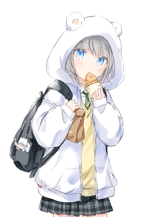 1girl animal_ears animal_hood backpack bag bag_charm bear_ears bear_hood blue_eyes charm_(object) collared_shirt commentary_request cowboy_shot diagonal-striped_clothes diagonal-striped_necktie drawstring eating fake_animal_ears food green_necktie grey_hair grey_skirt holding holding_bag holding_food hood hood_up hooded_jacket jacket long_sleeves looking_at_viewer necktie original paper_bag plaid_clothes plaid_skirt pleated_skirt puffy_long_sleeves puffy_sleeves shirt simple_background skirt sleeves_past_wrists solo striped_clothes sweater_vest taiyaki wagashi wataame27 white_background white_jacket white_shirt