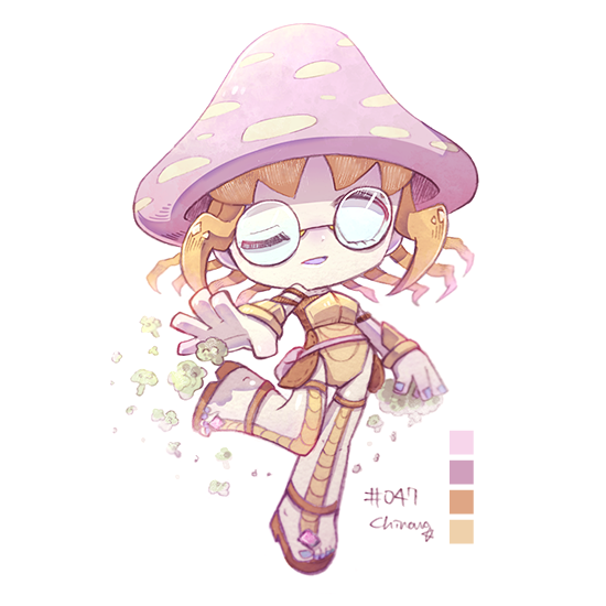1girl brown_leotard chiuanzhang color_guide fingernails full_body game_freak gen_1_pokemon glasses hat leotard nintendo no_pupils one_eye_closed orange_hair parasect personification pink_hat pokemon round_eyewear simple_background solo spores toenails white_background