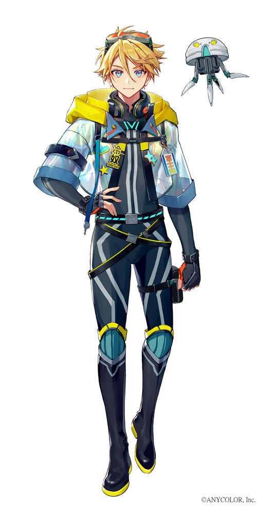 1boy arm_belt belt black_belt black_bodysuit black_footwear blonde_hair blue_eyes bodysuit charm_(object) closed_mouth copyright_name cropped_jacket eyewear_on_head full_body goggles goggles_on_head hair_between_eyes hand_on_own_hip headphones headphones_around_neck hood hooded_jacket jacket looking_at_viewer mebaru multicolored_clothes nijisanji nijisanji_en official_art open_clothes open_jacket pouch robot see-through_clothes see-through_sleeves short_hair simple_background smile solo tachi-e thigh_pouch thigh_strap virtual_youtuber white_background white_jacket yu_q._wilson