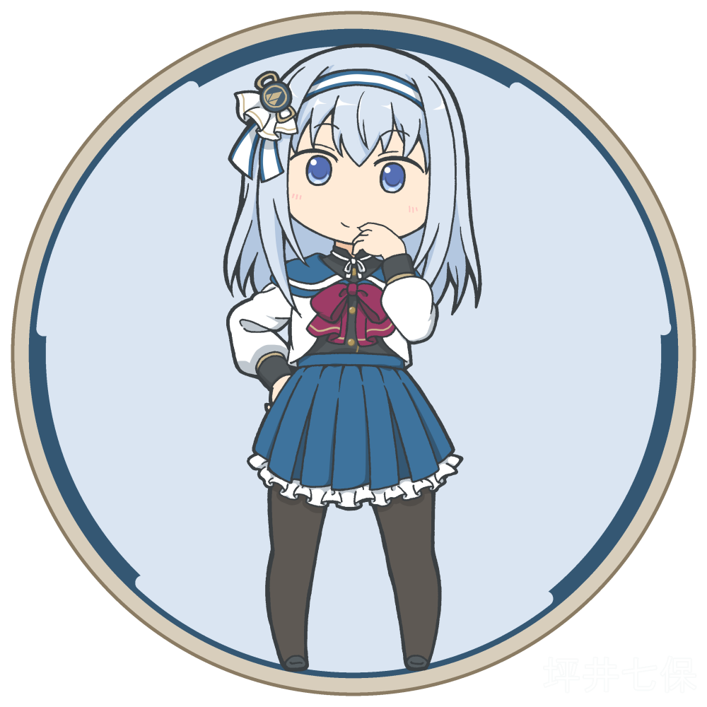 1girl assault_lily black_pantyhose black_shirt black_shoes blue_eyes blue_hairband blue_ribbon blue_sailor_collar blue_skirt border bow bowtie buttons chibi closed_mouth commentary frilled_skirt frills full_body grey_background grey_hair hair_ribbon hairband hand_on_own_hip hand_to_own_mouth herensuge_girls_academy_school_uniform high-waist_skirt light_blush long_hair long_sleeves looking_at_viewer masaki_itsuki miniskirt neck_ribbon ornate_border pantyhose pleated_skirt red_bow red_bowtie ribbon round_image sailor_collar school_uniform serafuku shirt shoes simple_background skirt smile solo standing transparent_background tsuboi_nanaho two-tone_hairband two-tone_ribbon white_hairband white_ribbon white_shirt