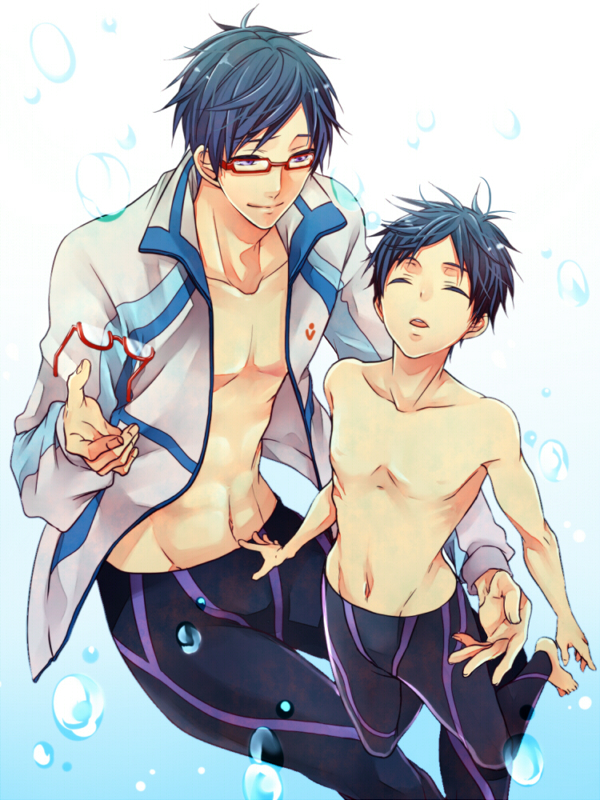 10s 2boys air_bubble bad_id bad_pixiv_id black_male_swimwear blue_hair bubble child closed_eyes closed_mouth dual_persona unworn_eyewear floating free! glasses groin holding holding_removed_eyewear jacket legskin light_smile looking_at_another male_focus male_swimwear multiple_boys navel nekoshiro nipples open_clothes open_jacket open_mouth red-framed_eyewear ryuugazaki_rei smile swimsuit time_paradox topless_male underwater
