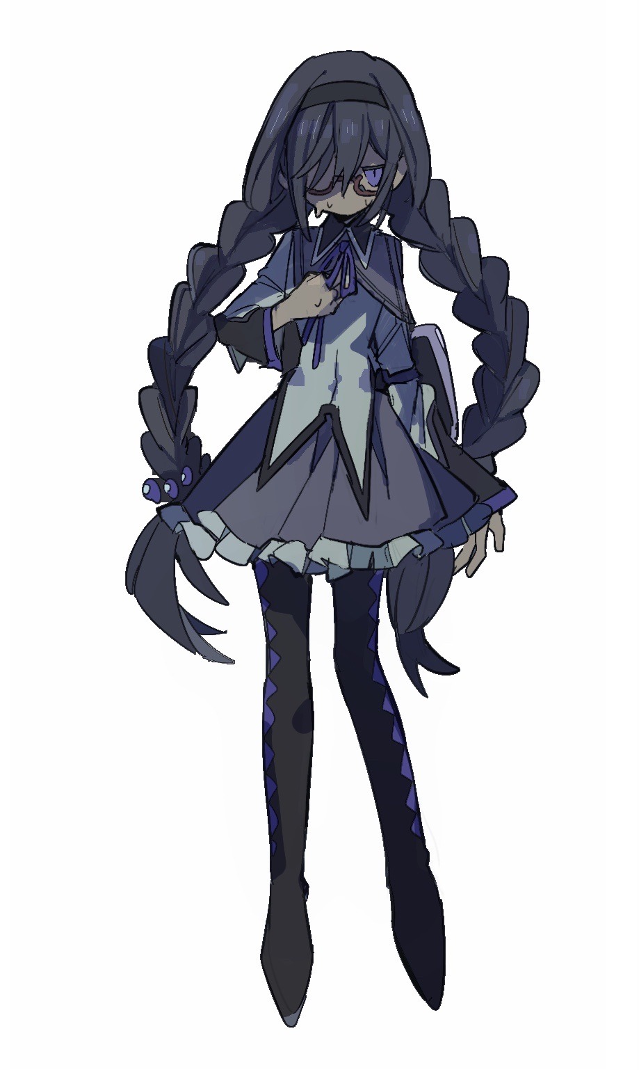 1girl akemi_homura akemi_homura_(magical_girl) argyle_clothes argyle_pantyhose black_hair black_hairband black_pantyhose braid frilled_skirt frills full_body glasses hair_over_one_eye hairband highres long_hair looking_at_viewer magical_girl mahou_shoujo_madoka_magica mahou_shoujo_madoka_magica_(anime) pantyhose purple_eyes purple_skirt shield simple_background skirt solo soumenhiyamugi twin_braids white_background