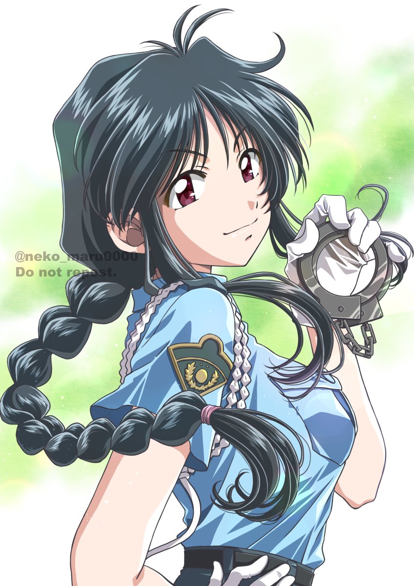 1girl badge black_hair blue_shirt braid brown_eyes cuffs gloves handcuffs highres japan_national_police kobayakawa_miyuki long_hair looking_at_viewer nekomaru_(nekohouse) police police_uniform policewoman shirt single_braid smile solo taiho_shichauzo twitter_username upper_body white_gloves