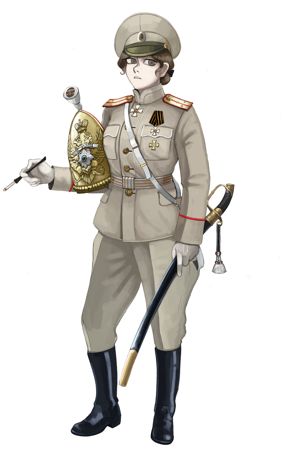 1girl black_boots boots breast_pocket breasts brown_hair cavalry_helmet cigarette cigarette_holder clenched_teeth cockade cross_pendant double-headed_eagle full_body gloves gold_buttons grey_eyes grey_jacket hat helmet highres holding holding_cigarette holding_headgear holding_helmet imperial_insignia imperial_russian_army imperial_russian_flag jacket katyusha_(98269886) long_sleeves looking_at_viewer medium_breasts military military_uniform original peaked_cap pocket ribbon_of_saint_george russia russian_empire saber_(weapon) sash scabbard sheath short_hair shoulder_belt shoulder_boards solo standing sword sword_knot teeth two-headed_eagle waist_sash weapon white_gloves white_sash world_war_i
