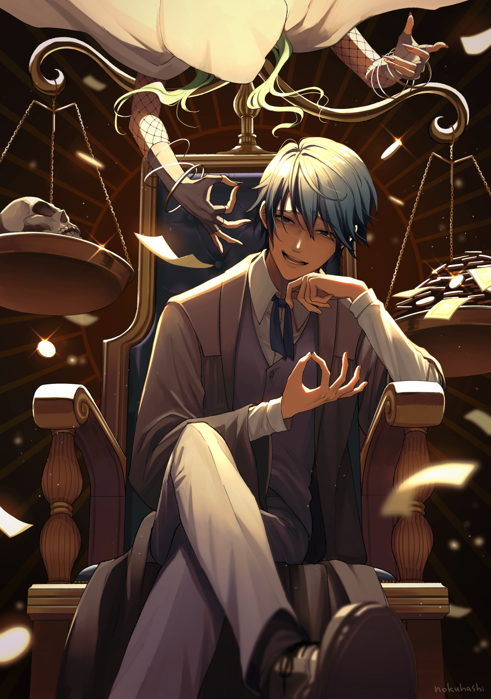 1boy akutoku_no_judgement_(vocaloid) blurry coin crossed_legs depth_of_field evillious_nendaiki fingernails fishnet_sleeves fishnets gallerian_marlon gumi highres judge kaito_(vocaloid) long_fingernails long_sleeves male_focus money money_gesture falling_money nemesis_sudou nokuhashi sharp_fingernails skull smirk solo_focus throne vocaloid weighing_scale