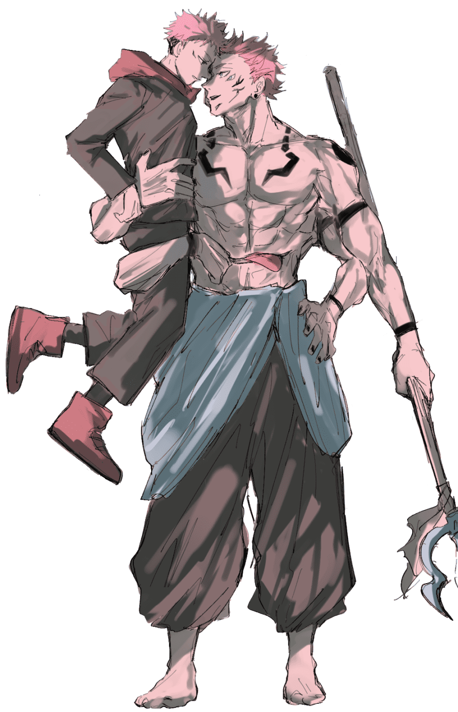 2boys arm_tattoo arms_around_waist black_nails black_pants blue_eyes boots brown_eyes chest_tattoo earrings extra_arms facial_tattoo full-body_tattoo highres holding holding_polearm holding_weapon hood hood_down hoodie itadori_yuuji japanese_clothes jewelry jujutsu_kaisen jujutsu_tech_uniform multiple_boys nigi no_shoes pants pink_hair polearm red_footwear red_hoodie ryoumen_sukuna_(jujutsu_kaisen) ryoumen_sukuna_(true_form)_(jujutsu_kaisen) short_hair shoulder_tattoo stomach_mouth tattoo tongue tongue_out trident undercut weapon yaoi